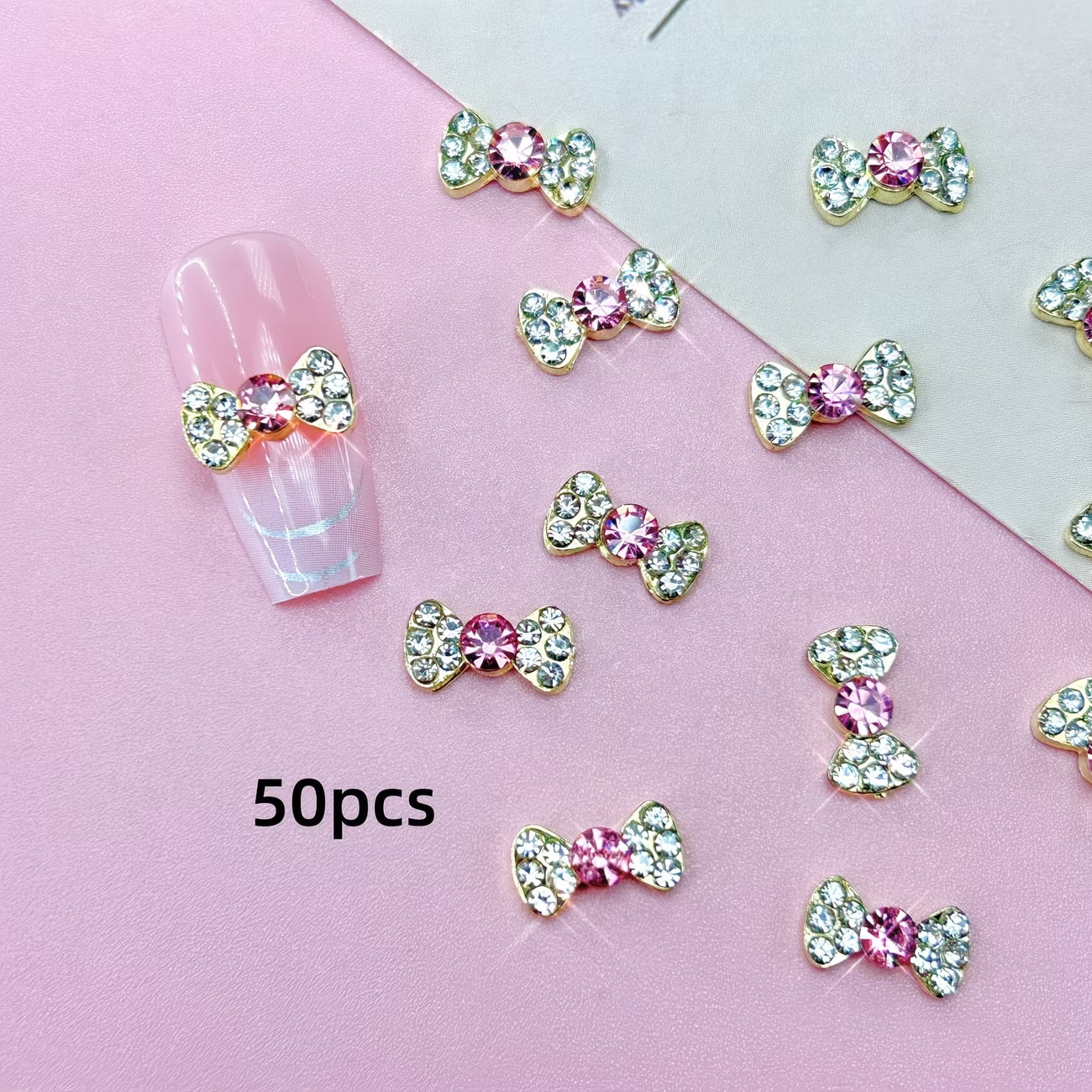50pcs Spring and Summer Shiny Rhinestone Bowknot Art Nails, Alloy Bowknot Decoration, Suitable for Women and Girls' Nail Art Decorations, Nail Art Accessories