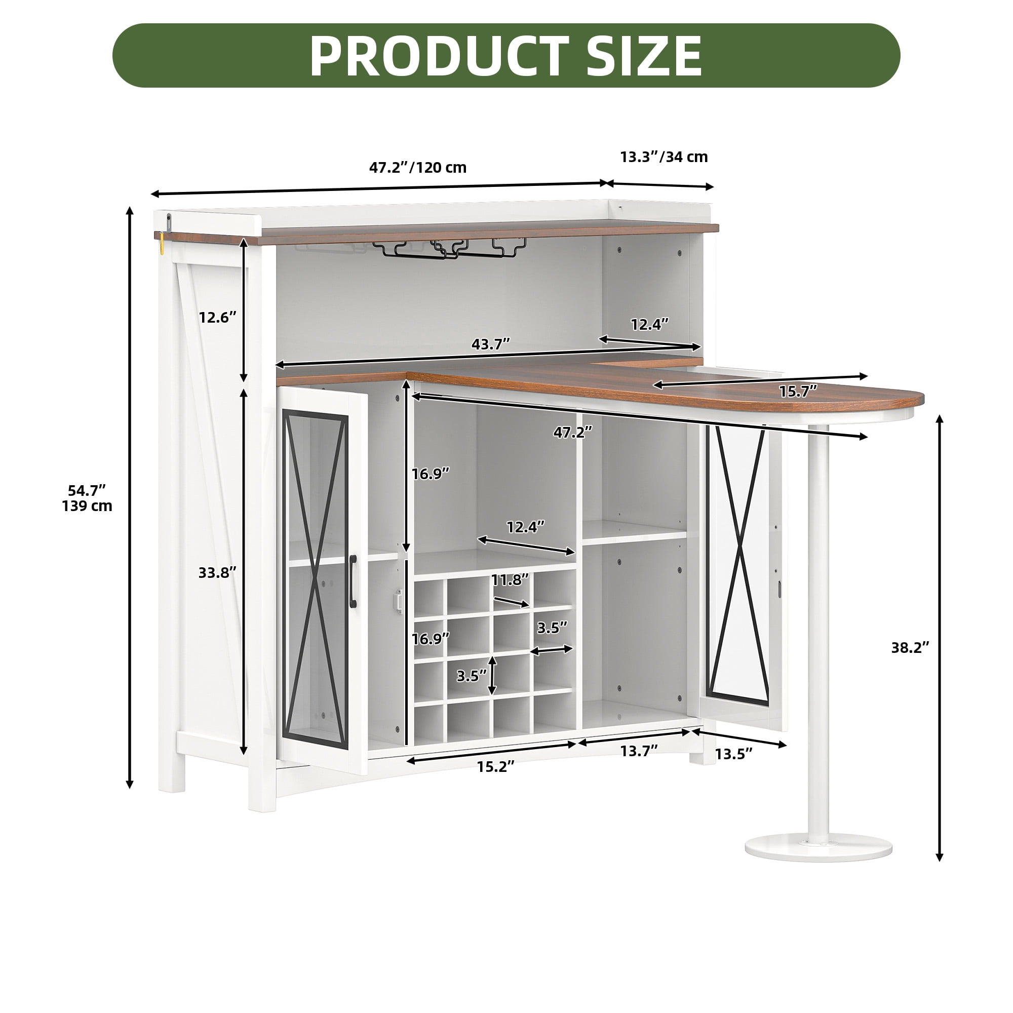 Uforic Wine Cabinet with Power Outlets & LED Lights, Bar Table with Wine Storage & Glass Rack, White