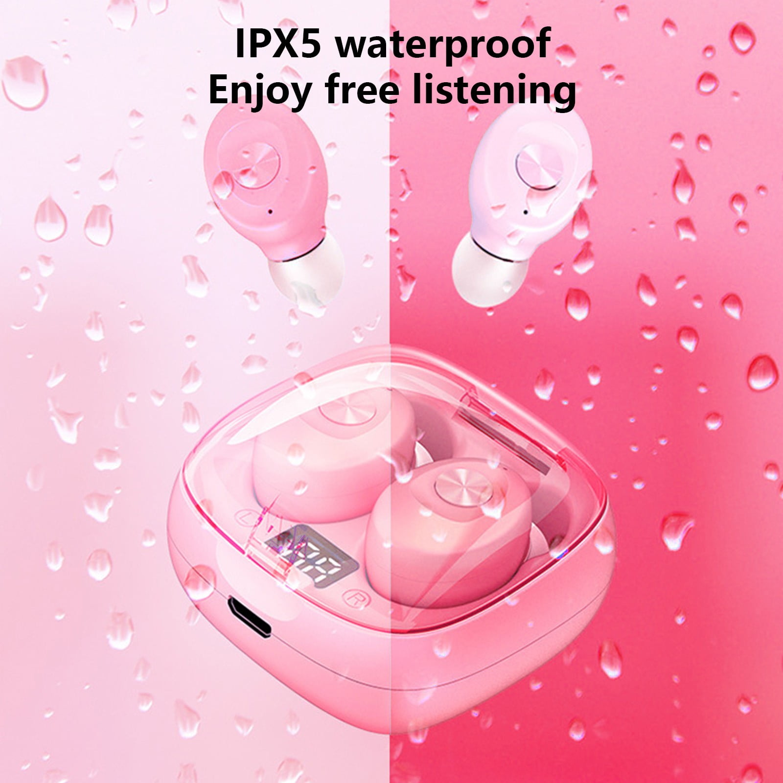 Wireless Earbuds, Bluetooth Earbuds Headphones Bass Stereo, IPX7 Waterproof Ear Buds with Mic LED Display, in Ear Earphones, 78H Playtime for Smartphone Laptop Pad Sports Workout,Pink