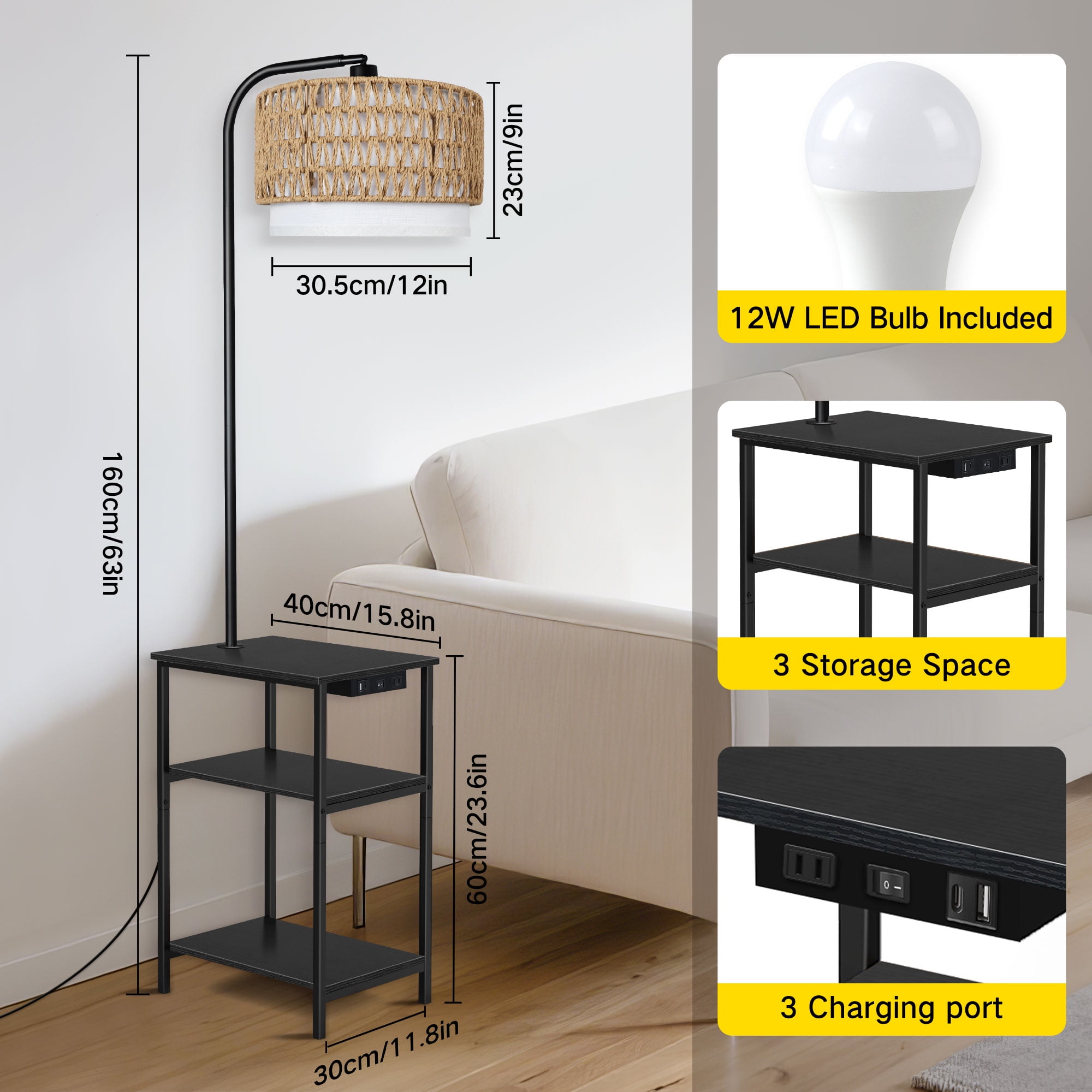 OUTONLIFE Rattan Floor Lamp with Table for Living Room with USB & Type C Charging Station, End Table Lamp with 3-Color Temperature LED Bulb for Bedroom, Black