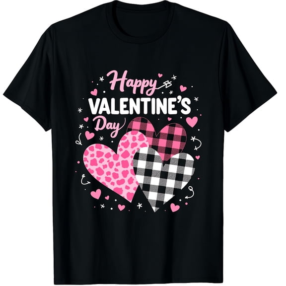 Happy Valentine's Day Leopard and Plaid Hearts Graphic Black T-Shirt for Men and Women