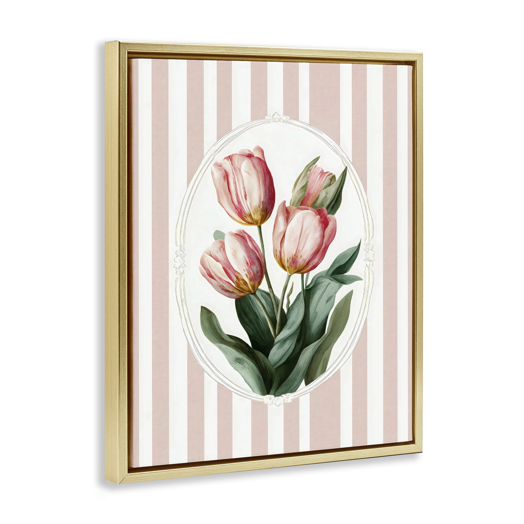 Stupell Industries Vintage Tulips on Stripes Gold Framed Floater Canvas Wall Art, design by Ink Drop Loft