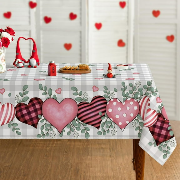 Valentine''s Day Tablecloth 60×84 Inch Rectangle, Buffalo Plaid Pink Love Hearts Washable Table Cover for Party Picnic Dinner Decor