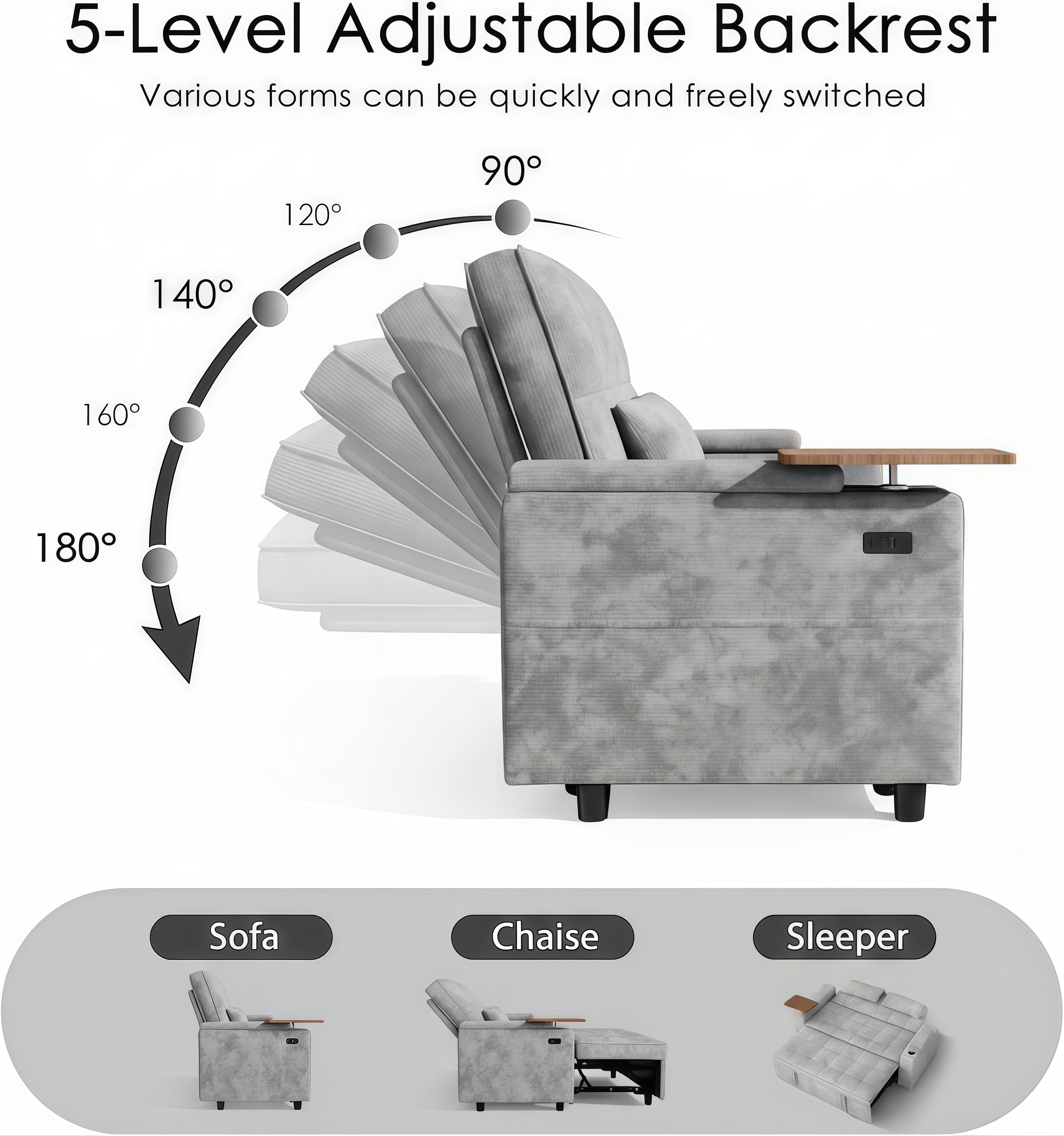 ShiKeyi 65" 3-in-1 Convertible Sofa Bed, Pull Out Loveseat with Chenille Fabric/Hidden storage space/Cup holder, Sleeper Sofa Bed for Living Room, Gray