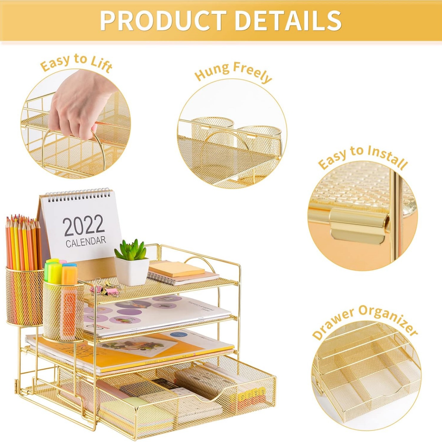 Paper Letter Tray Organizer with File Holder, 4-Tier Desk Accessories & Workspace Desk Organizers with Drawer and 2 Pen Holder for Office Supplies (Gold)