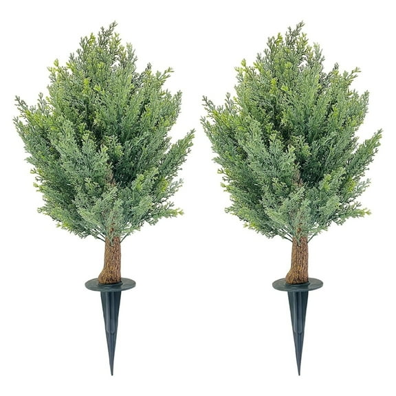 30" Artificial Cypress Topiary Ball Trees with Ground Spike, Set of 2 Artificial Shrubs Bushes Fake Evergreen Plants UV Resistant for Indoor Outdoor Front Porch Garden Decor