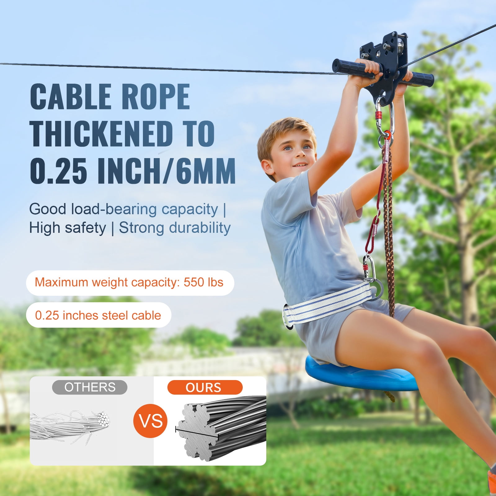 KFFKFF 80 ft Up to 500 lb Zip Line Kit for Kids Adult Trolley Slackers Zipline