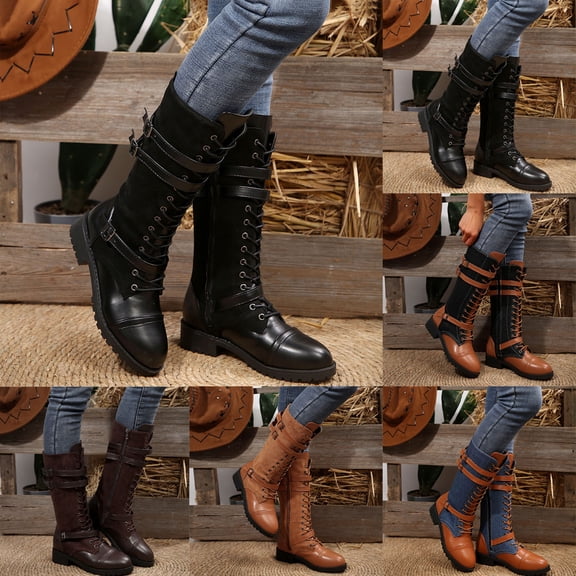 Pandaie Womens Lace up Mid Calf Combat Boots Buckle Straps Decor Side Zipper Non Slip Low Platform Heel Fashion Motorcycle Riding Booties Black 5.5