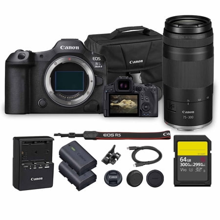 Canon EOS R5 Mark II Mirrorless Camera | 45MP Full Frame Sensor 8K Video Recording | Advanced IBIS Autofocus for Professional Creators (6536C002) + Canon RF 75-300mm Lens + LP-E6P Battery + More