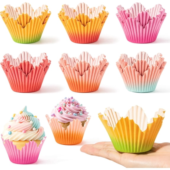Flower Cupcake Paper Liner - 300pcs Easter Baking Cups Muffin Cupcakes Wrappers, Gradient Red Pink Orange Petal Cake Candy Wrap Making Supplies for Birthday Baby Shower Spring Party (6 Styles)