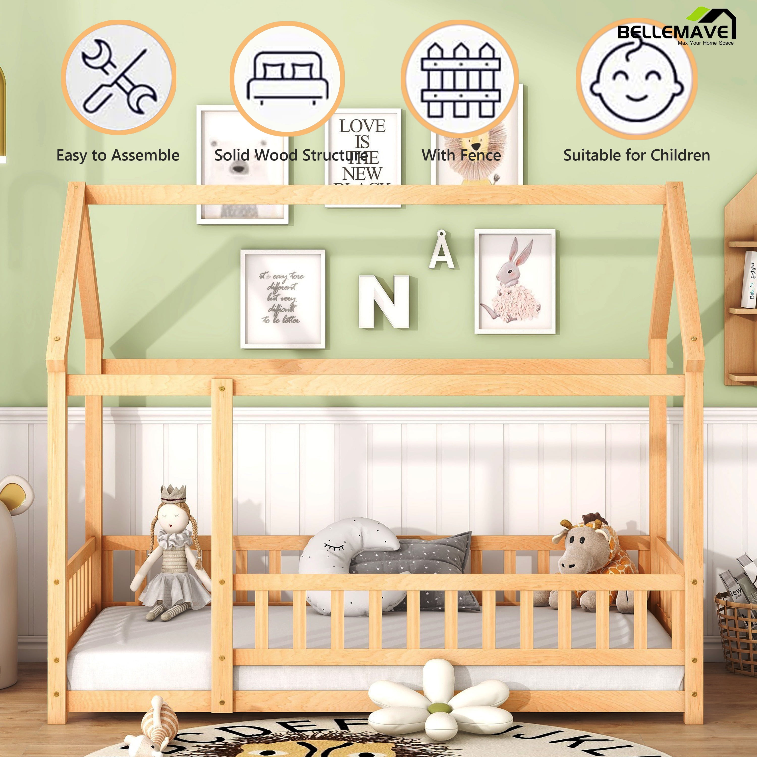 Bellemave Full Floor Bed, Wood Full Size House Bed Frame with Fence, Montessori Floor Bed for Bedroom（Natural)