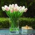 thumbnail image 2 of Enova Home 20 Pieces Artificial Real Touch Tulips Silk Flowers Arrangement in Glass Vase with Faux Water (Pink White), 2 of 4