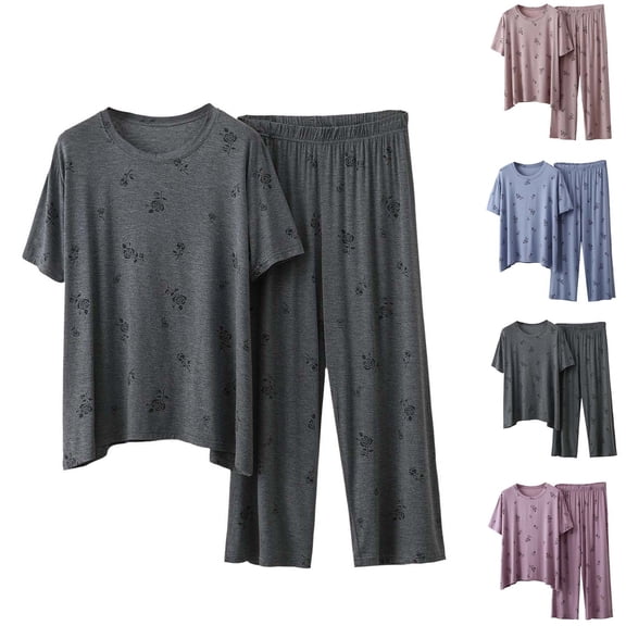 Stamzod 2 Piece Pajamas for Women Set Short Sleeve Pajamas T Shirts and Pants Crewneck Pjs Set Soft Loose Sleepwear Dark Gray B XXL