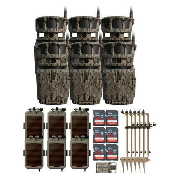 Stealth Cam Revolver 40MP Pro 360-Degree Cellular Trail Camera (6-Pack) Bundle with Mounting Post (6-Pack), Solar Power Panel (6-Pack), 32GB Memory Card (6-Pack), and SD Card Reader (25 Items)