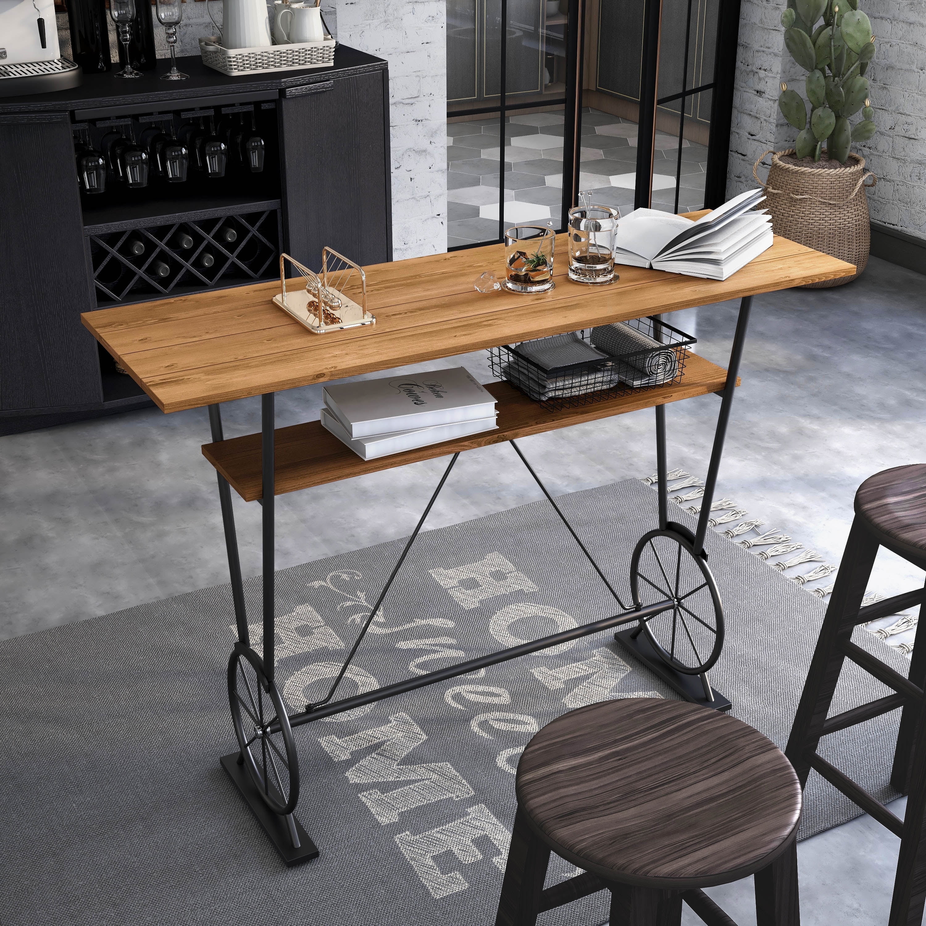 Lodz 1-Shelf Metal Bar Table, Warm Oak and Black