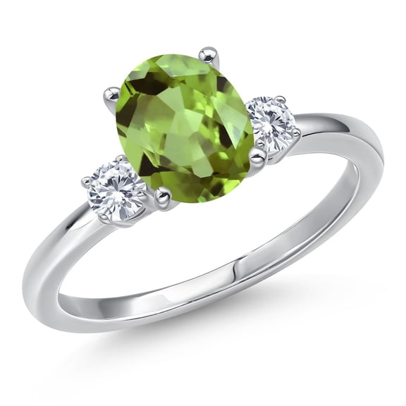 Gem Stone King 14K White Gold Green Peridot and Moissanite Engagement Ring for Women | 2.30 Cttw | Oval 9X7MM | Gemstone August Birthstone | Size 8