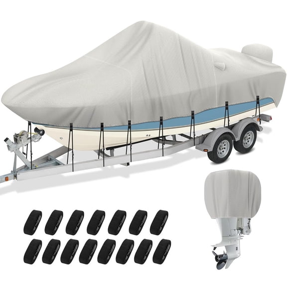 SHELTUSE 17-19Ft Boat Covers 1200D Heavy Duty Marine Grade Trailerable Covers Waterproof Replacement for V-Hull Pro-Style Bass Boats with 15pcs Windproof Straps&2 IN 1 MOTOR COVER, UP to 102" W, Grey