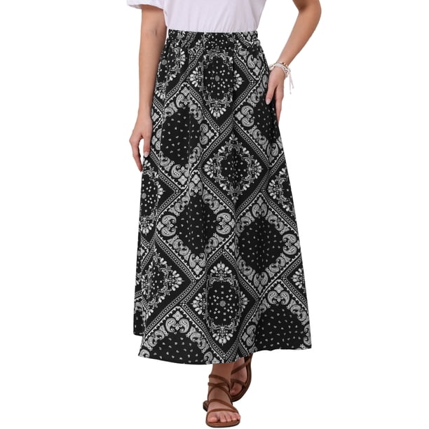 Faldas maxi de verano para mujeres 2026 con estampado de paisley, cintura alta elástica, diseño bohemio y fluido, XL negro