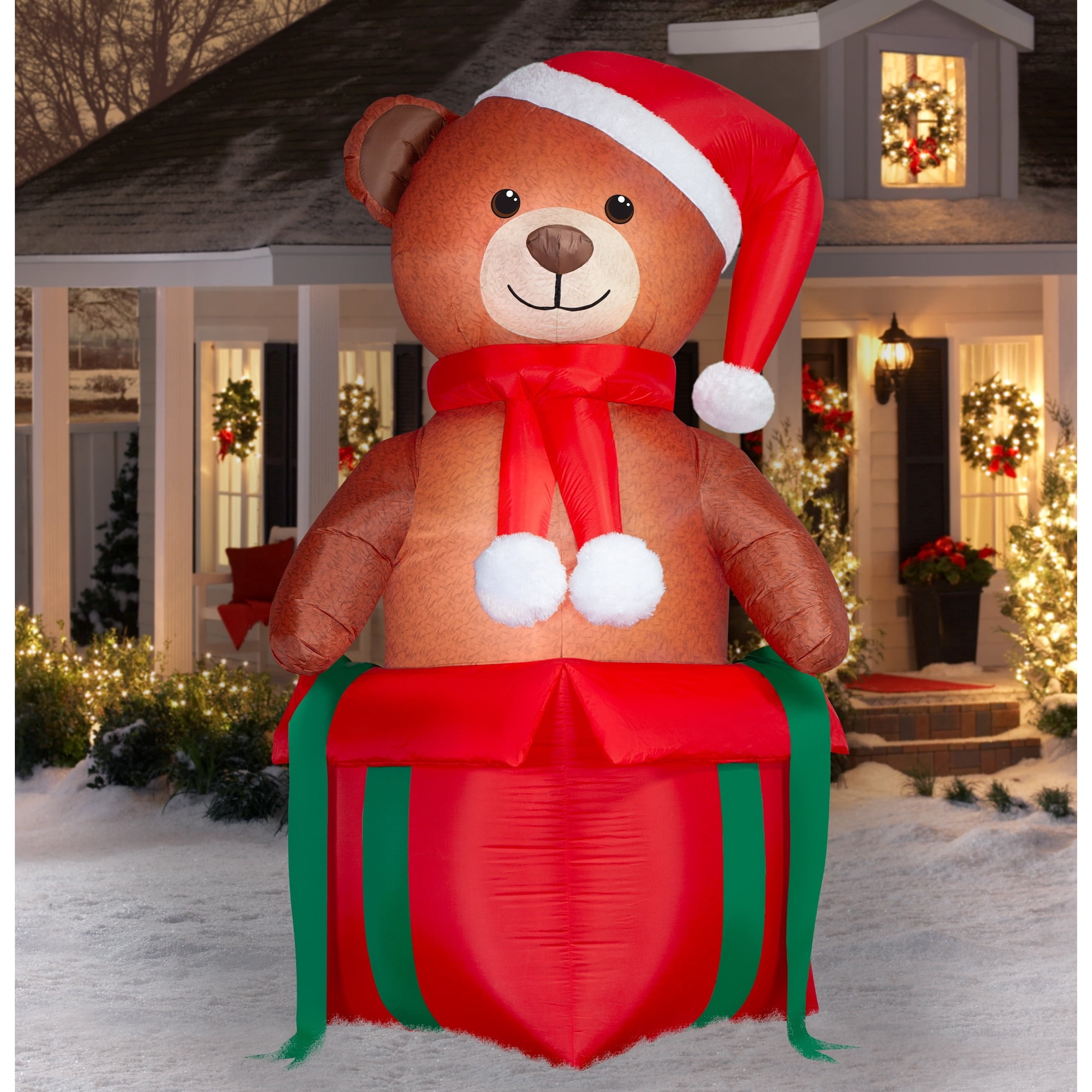 Multicolor Giant Teddy Bear in Gift Box Christmas Airblown Yard Inflatable, 10', by Holiday Time