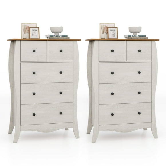 Gymax 2PCS 38'' Farmhouse Chest of Drawers w/ 5 Folding Fabric Drawers & Anti-tipping Kit Gray