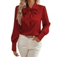 thumbnail image 2 of Pounoo Satin Long Sleeve Shirts for Women Solid Color Elegant Bow Tie Neck Blouses Office Dressy Business Casual Outfits for Women Gift, 2 of 7