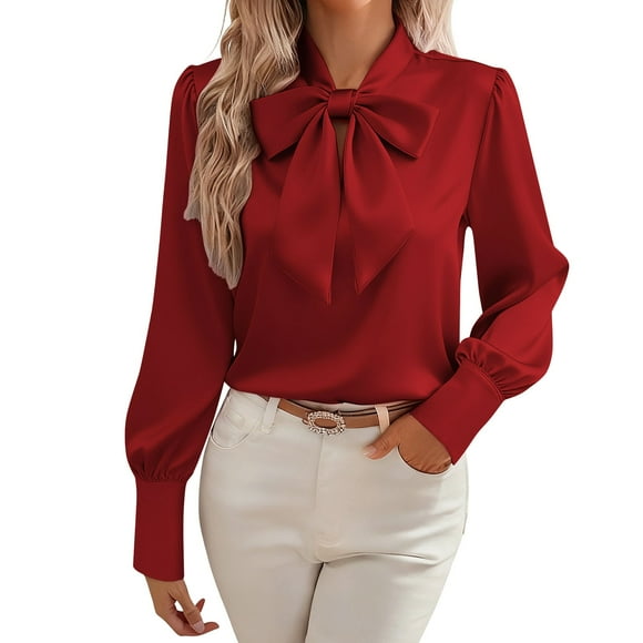 Qxiansh Womens Satin Dressy Blouse Tie Bowknot Collar Puff Long Sleeve Business Office Work Shirts Interview Tops