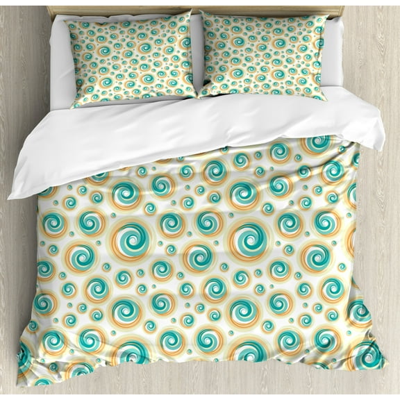 Geometric Circle Duvet Cover Set, Trippy Paint Brush Rotary Spiral Circle Pattern Blurry Tiles Picture, Decorative 3 Piece Bedding Set with 2 Pillow Shams, King Size, Teal Orange, by Ambesonne
