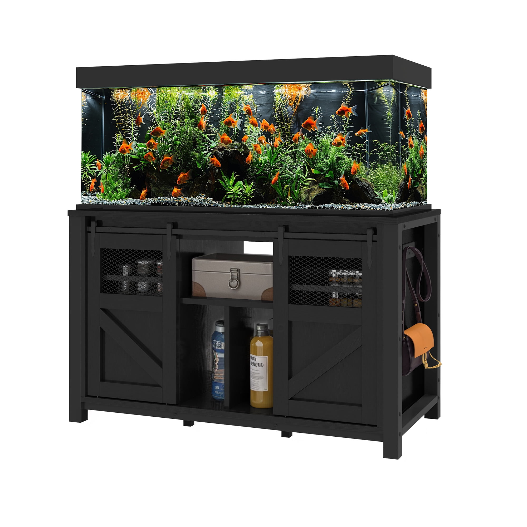 Uforic 120 Gal Fish Tank Stand with Storage, 1100 Lbs Capacity, Power Outlets, Barn Door, Black