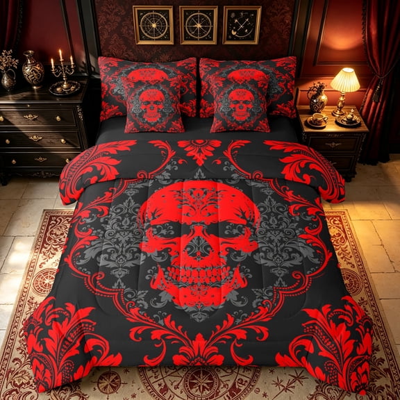 Erosebridal Horror Skull Twin Bedding, Red Damask Bedding Comforter Set, Dark Brown Red, Black Reversible, 7-Piece