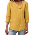 thumbnail image 1 of Tops de Color Sólido para las Mujeres Camisa de Botón Casual 3/4 Manga Cuello Redondo Tops de Lino para las Mujeres Primavera Verano, 1 of 9