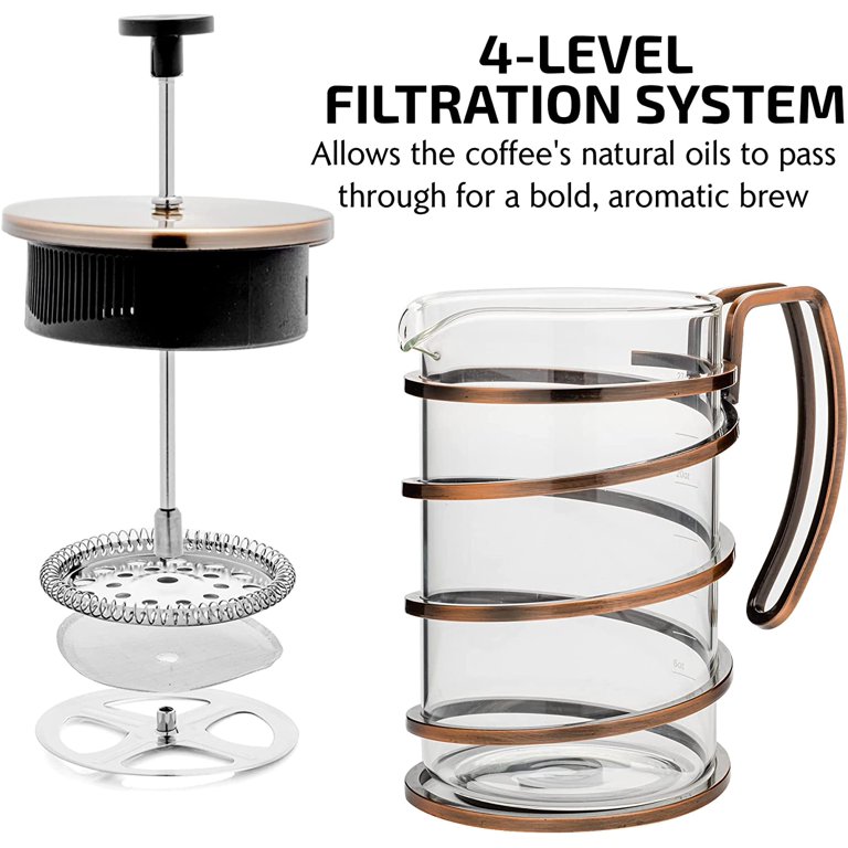 Ovente 27 Ounce Glass French Press Coffee Maker, Filter Plunger, Hot or Cold Brew, Copper Fsw27c