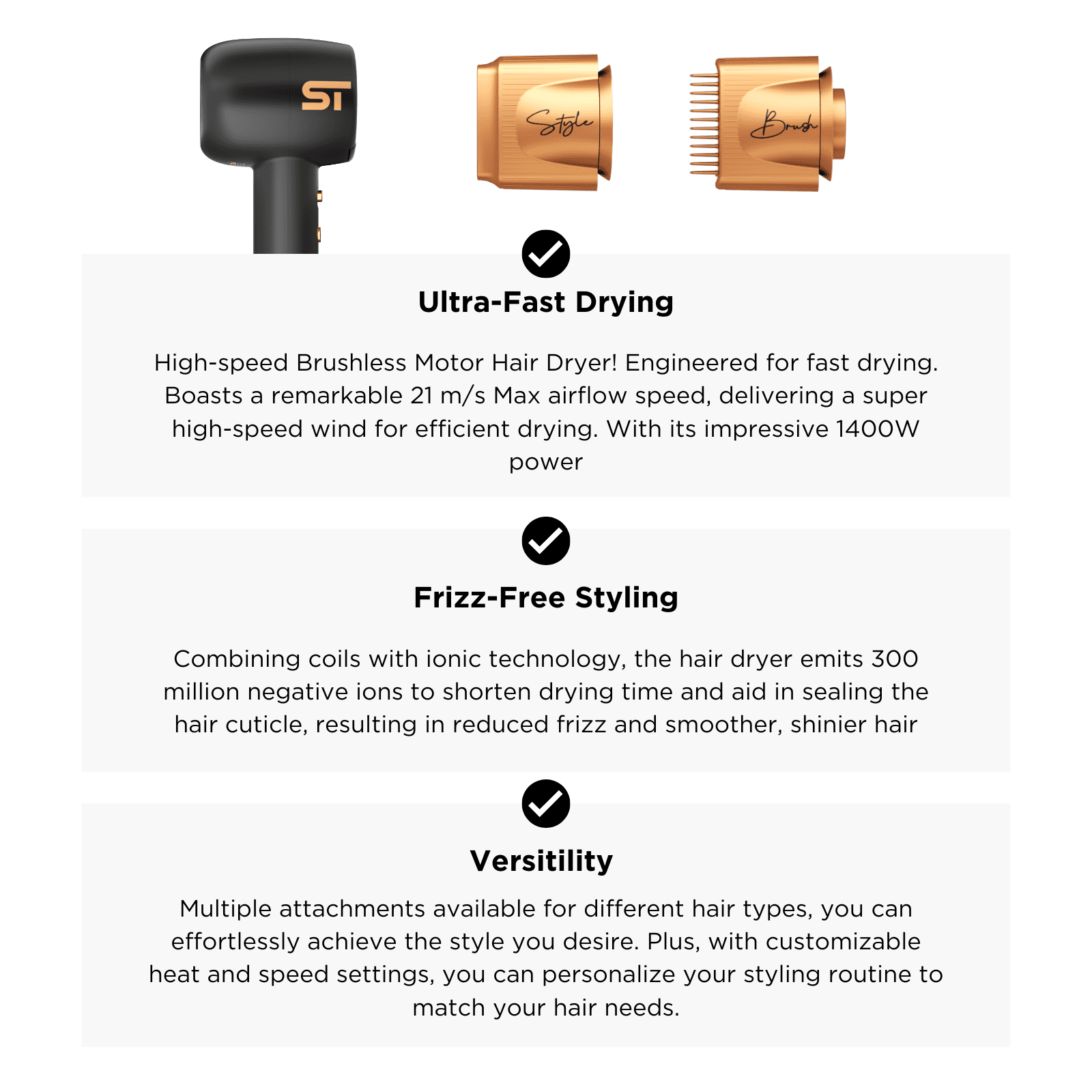 Supreme Trimmer Hair Dryer Negative Ion 110,000 RPM | Fast Drying & Low Noise Blow Dryer 1400W Brushless Motor | Magnetic Attachments, 3 Heat & 3 Speed Settings + Cool Shot | SHD347