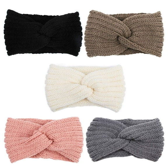 5 Pack Women Knit Wide Headbands for Winter, Truban Headbands Ear Warmers Thick Headbands for Women Girls, Black Gray White Pink Brown