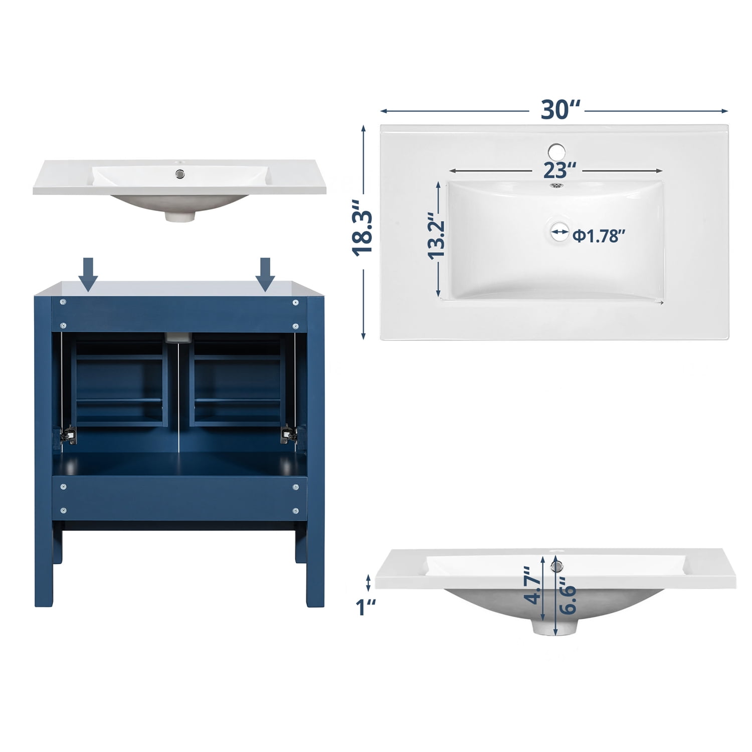 30" Bathroom Vanity with 1 Hole Ceramic Sink, Freestanding Single Basin Vanity Set with Drawer and 2 Doors, Solid Wood Frame, Dark Blue
