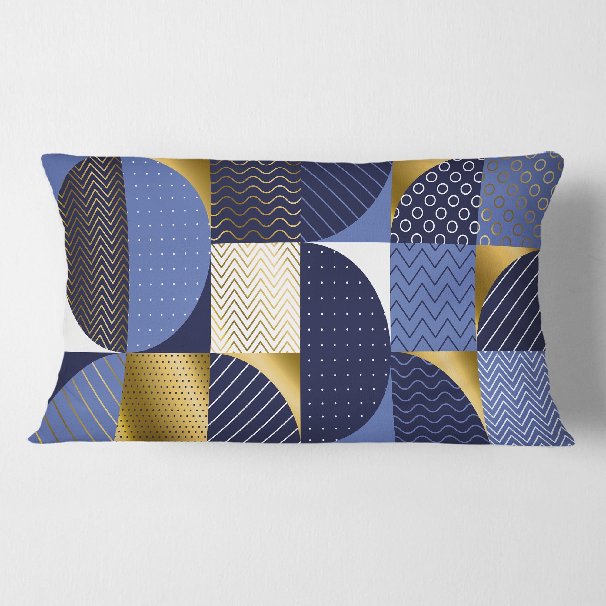 Designart Retro Luxury Waves In Gold And Blue IV' Mid-Century Modern Throw Pillow - 12x20