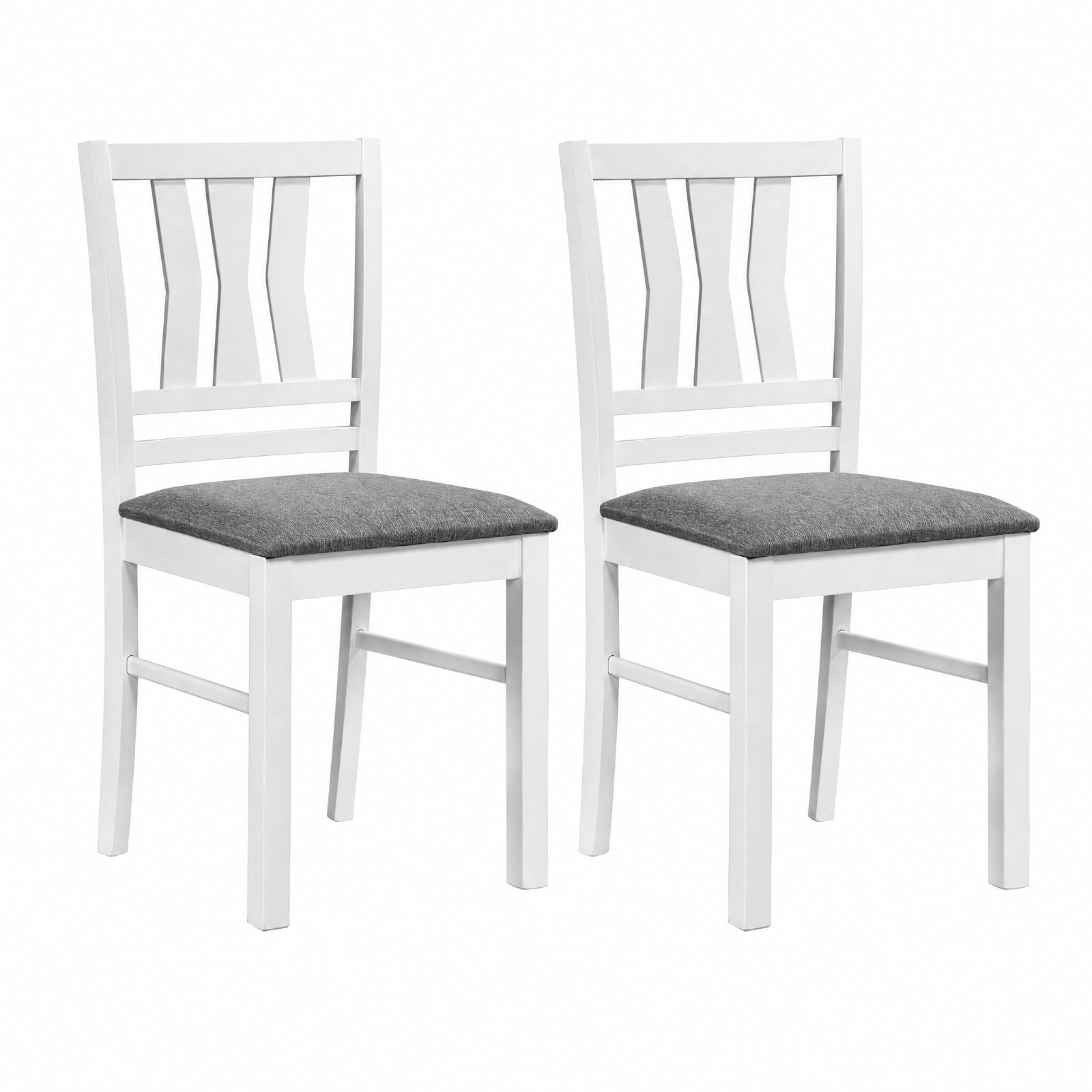 Furnibear Set of 2 Linen Style Upholstered Kitchen Chairs with Slatted Backrest and Rubber Wood Frames for Dining Room, White