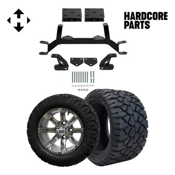 Hardcore Parts 4" Drop Axle Lift Kit for EZGO TXT/PDS (1994.5-2001.5) Gas Golf Cart with 12" Machined/Gunmetal 'Tempest' Wheels & 20"x10"-12" STINGER On-Road/Off-Road DOT rated All-Terrain tires