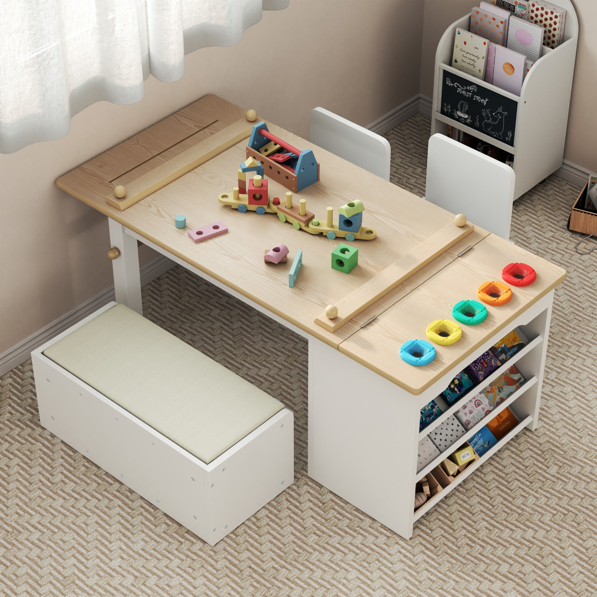 3 in 1 Kids Art Table and Chair Set, Art Desk with Storage Shelves and Drawers, Art Easel with Paint Cups, Paper Roll, Toddler Table and Chair Set w/ Bench & 2 Chairs for Draw, Write, Play, Crafts
