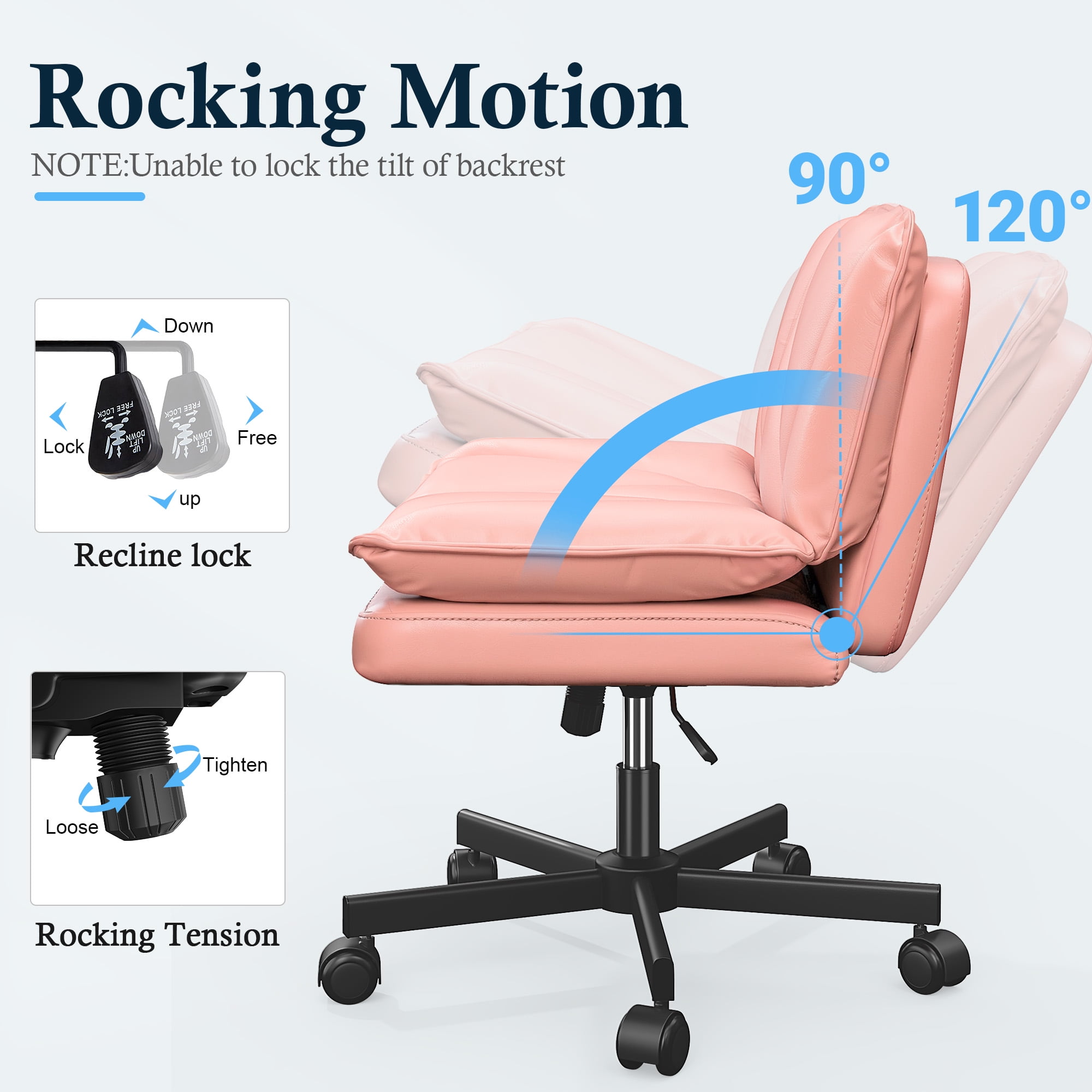 Romorgniz 27" W Chair Criss Cross Legged Office Chair Armless Adjustable Desk Chair with Wheels, Wide Seat, and 2-Layer Cushion, Pink