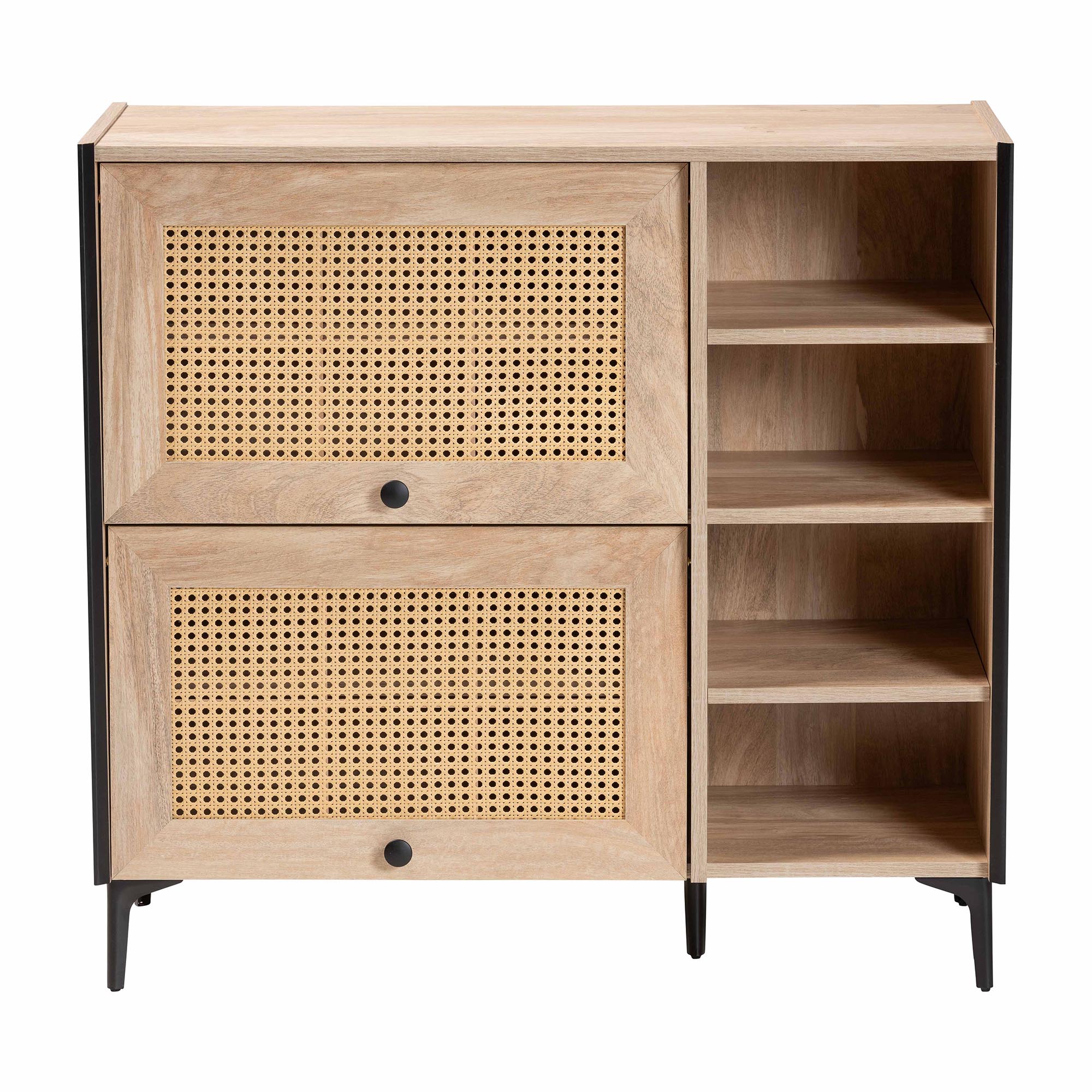 Baxton Studio Malcolm Mid-Century Shoe Cabinet, 8-Shelf, Oak Brown