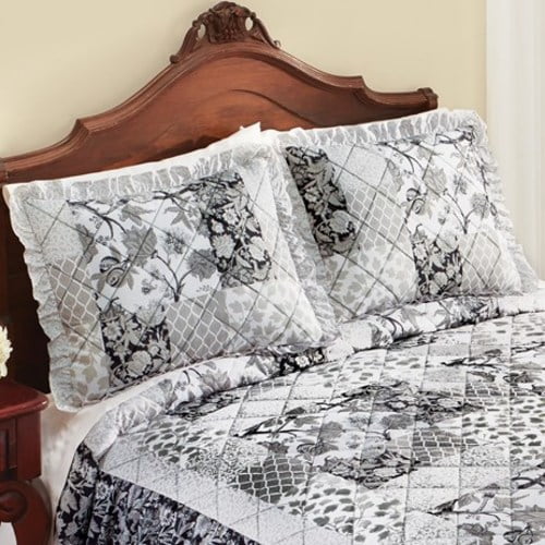 Grey Floral Patchwork Design Ruffled Pillow Sham