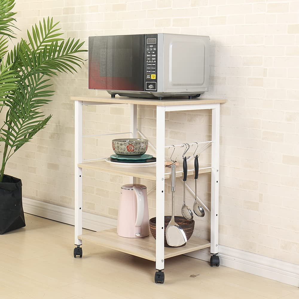 SogesPower 28.7" Wood Kitchen Mobile Island Cart 3-Tier with Wheels Functional Storage- Beige