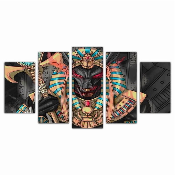 Juego de Cuadros Decorativos, Dios Egipcio Anubis, Estilo Fantasía Moderna, 5 Piezas, Ideal para Salas de Estar y Estudios, 150x80cm