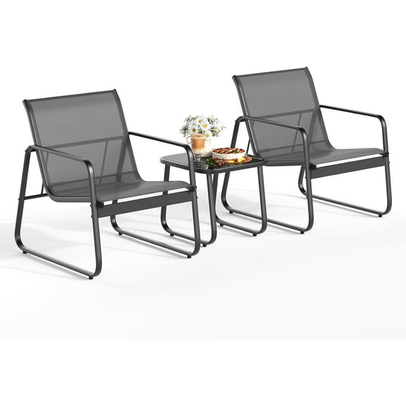BOBOKY Patio Chairs Set of 2, Patio Furniture Set with Metal Frame Glass Table, Outdoor Chairs Set of 2 for Balcony, Bistro Table and Chairs Set for Lawn,Black