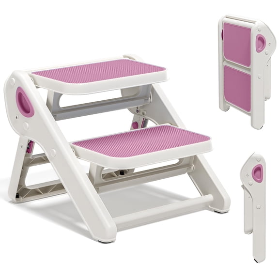 MoreFeel Foldable 2-Step Toddler Step Stool with Extra-Wide Non-Slip TPR Steps, Sturdy Kids Stool for Bathroom Sink, Handwashing and Kitchen, Easy Storage,Pink
