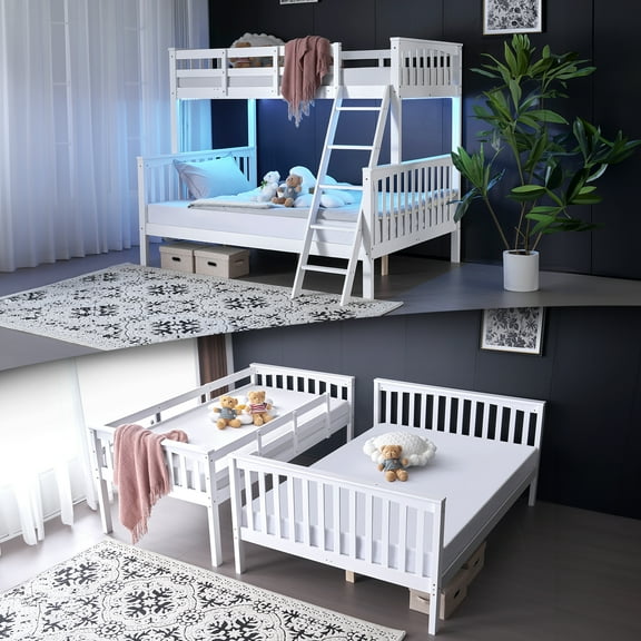Ktaxon Bunk Bed Twin Over Full Size with 15 inches Extra Tall Guardrail/LED Light/Charging Station, Convertible Solid Wood Bed, Heavy Duty Wood Slats Support, White