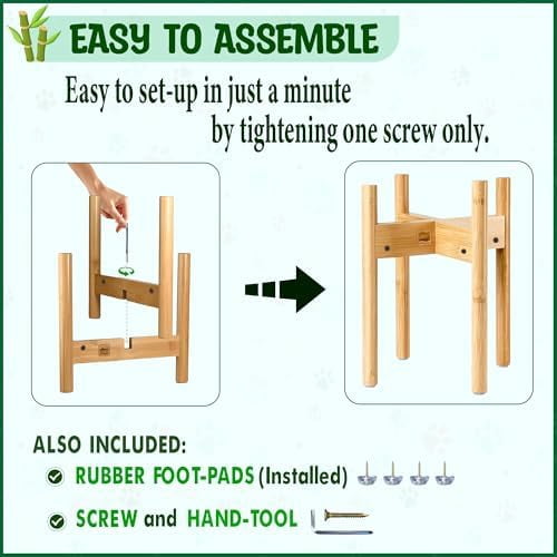 Dog Bowl Stand for Large Breed - Raise, Elevate Bowls to 14-inch High - Adjustable, Fits Any Single Pet Food/Water Feeders and Fountains - Durable Bamboo