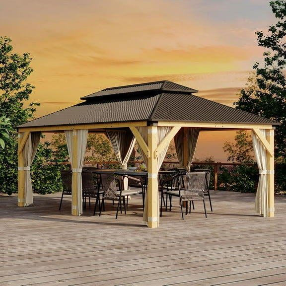 Luku 12x20FT Wooden Frame Hardtop Gazebo with Double Roof, Curtains & Netting, All-Weather Wind-Resistant Permanent Patio Pavilion for Deck, Backyard, Garden