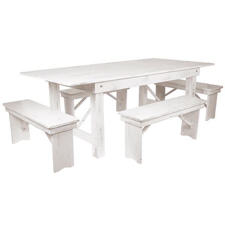 7' x 40'' Antique Rustic White Folding Farmhouse Dining Table with 4 Bench Set