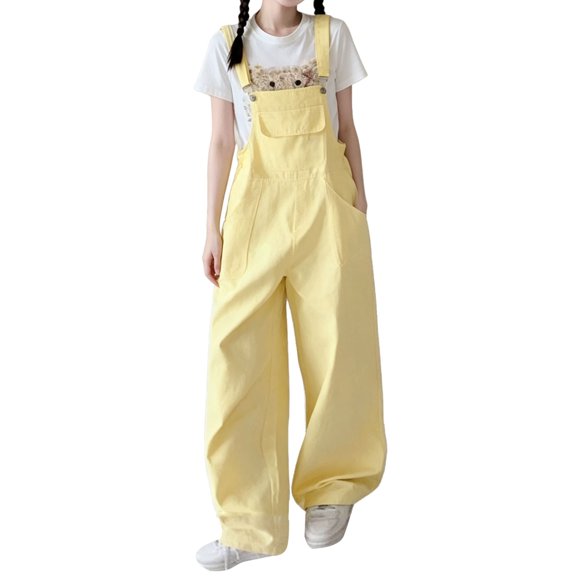 Coerni Girls Cargo Bib Overalls Solid Trendy Baggy Wide Leg Jumpsuit Kids Casual Jumpers with Pockets Adjustable Straps